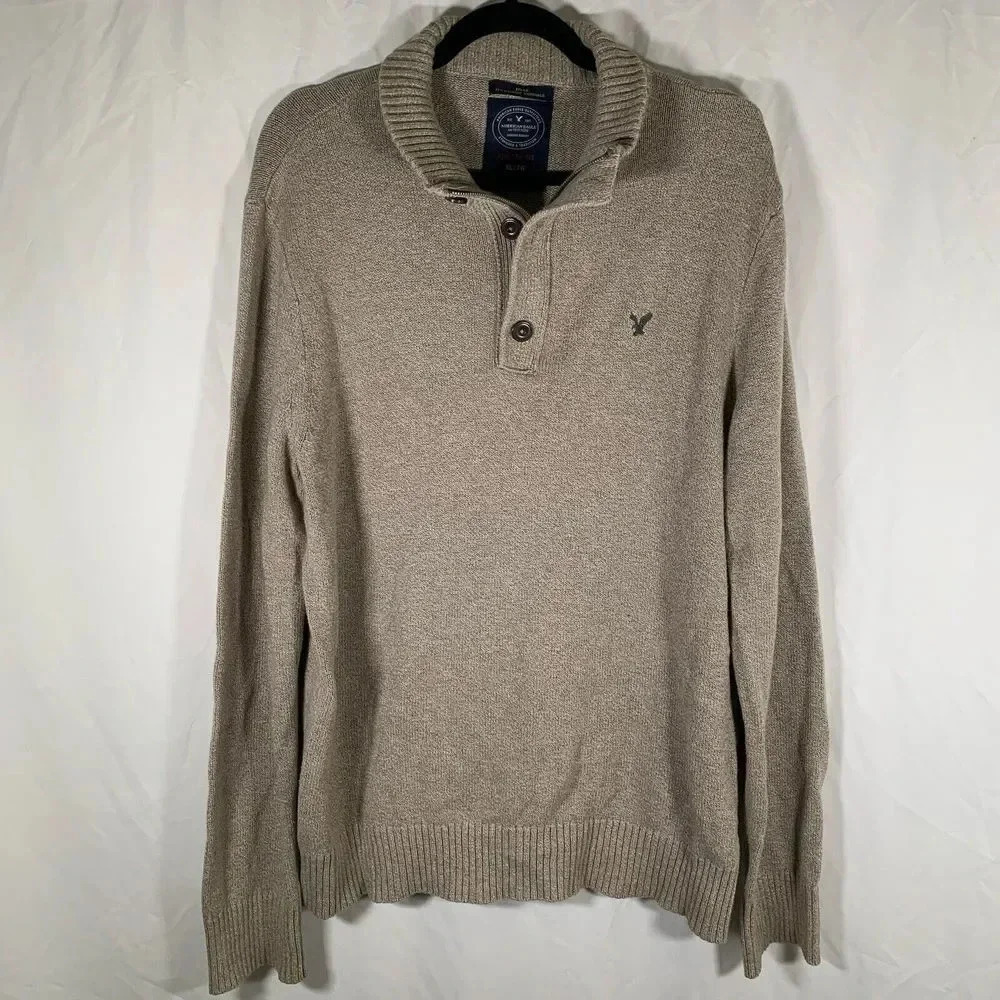 American Eagle Sweater Men’s XL Beige 1/4 Zip Long Sleeve Pullover Athletic